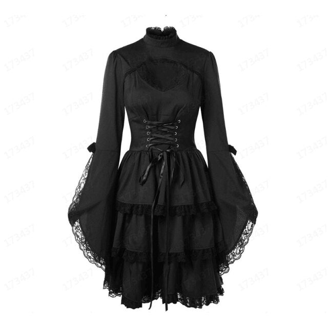 Gothic Dark Dress Women 2019 New O-Neck Long Sleeve Lace Patchwork Lacing Dress Autumn Winter Black Retro Party Dress Female XXL