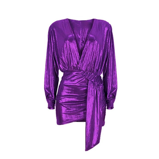 Karlofea New Metal Color Party Dress Winter Long Sleeve Sexy Deep V Neck Wrap Mini Dress Chic Plus Size XXL Pleated Club Dress