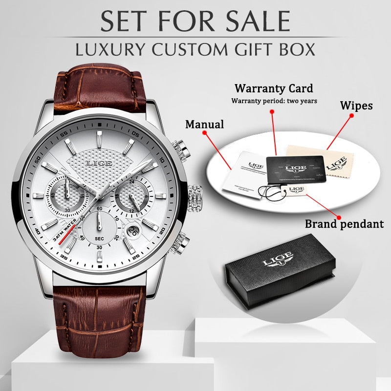 LIGE Top Brand Luxury Fashion New Leather Strap Quartz Men Watches Casual Date Business Male Wristwatches Homme Montre Clock+Box