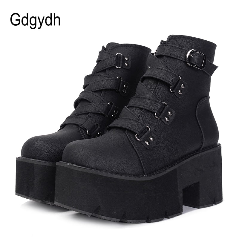 Gdgydh Spring Autumn Ankle Boots Women Platform Boots Rubber Sole Buckle Black Leather PU High Heels Shoes Woman Comfortable