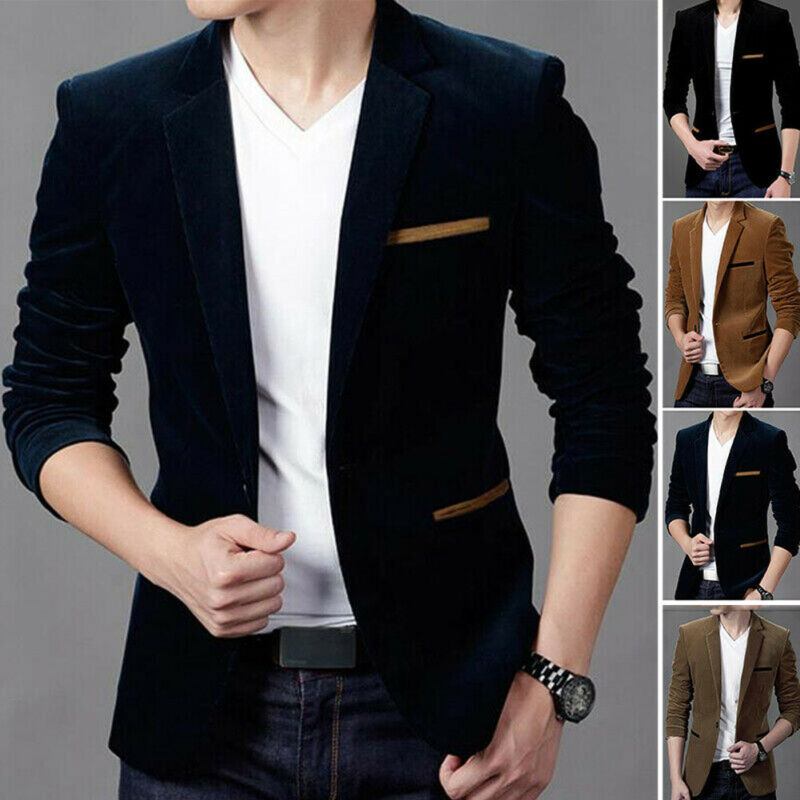2019 Fashion Men Slim Fit Blazer Formal Suit Jacket One Button Casual Coat Long Sleeve Dress Jacket Autumn Winter Corduroy Solid