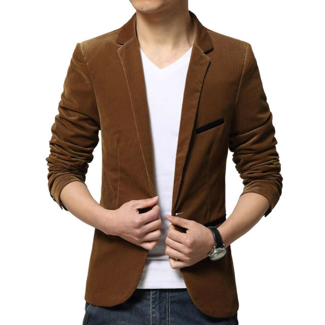 2019 Fashion Men Slim Fit Blazer Formal Suit Jacket One Button Casual Coat Long Sleeve Dress Jacket Autumn Winter Corduroy Solid