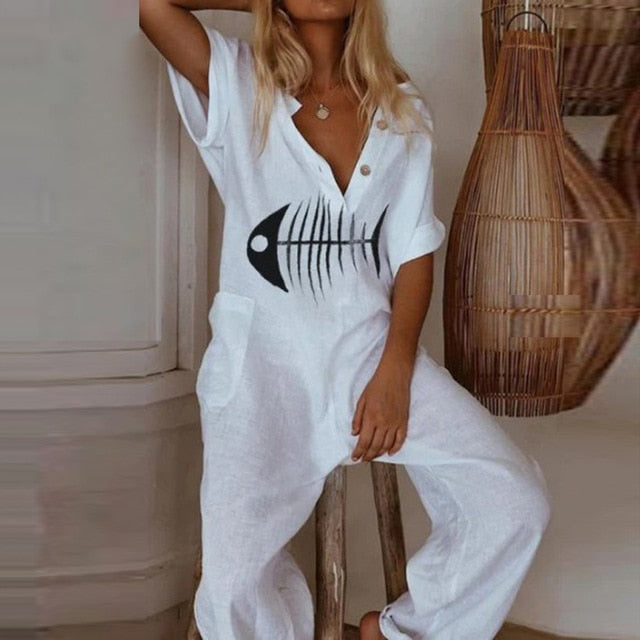 Summer Short Sleeve Eyelash Print Jumpsuit Casual Women Cotton Linen Playsuits 2020 V Neck Button Loose Overalls Romper Bodysuit
