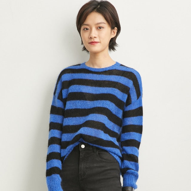 Amii  Autumn Women Striped Knitted Sweater Female Casual Round Neck Long Sleeve Loose Turtleneck Tops 11970663