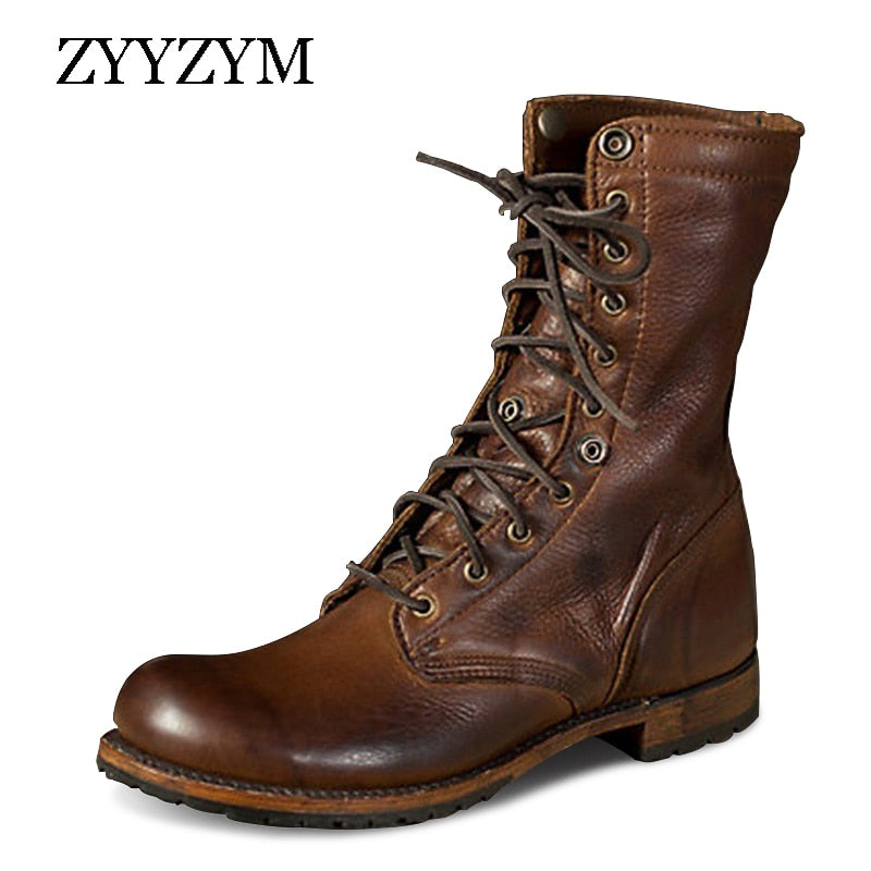 ZYYZYM Men Boots Leather Plus Size Knight boots Man Lace Up Men Ankle Boots British Motorcycle Boots for Men Zapatos De Hombre-Men