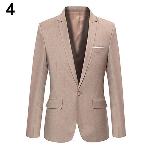 Men's Slim Formal Business Suit Coat One Button Lapel Long Sleeve Pockets Top Men's Coat Work Wedding Wear