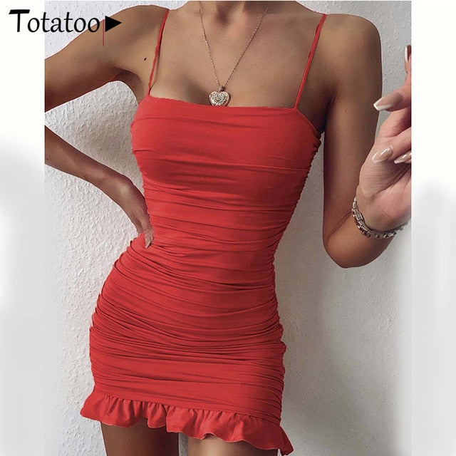 Totatoop Lace Up V Neck Ruched Bodycon Mini Dress Women 2020 Summer Hollow Out Ruffles Sundress Beachwear Vestidos