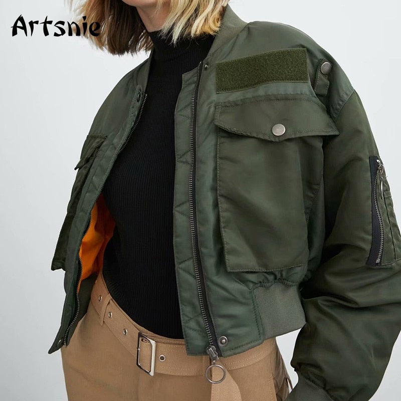 Artsnie Autumn Bomber Jacket Women Army Green Warm Zipper Pockets Winter Coat t Parkas  Chaqueta Muje-women's wearr