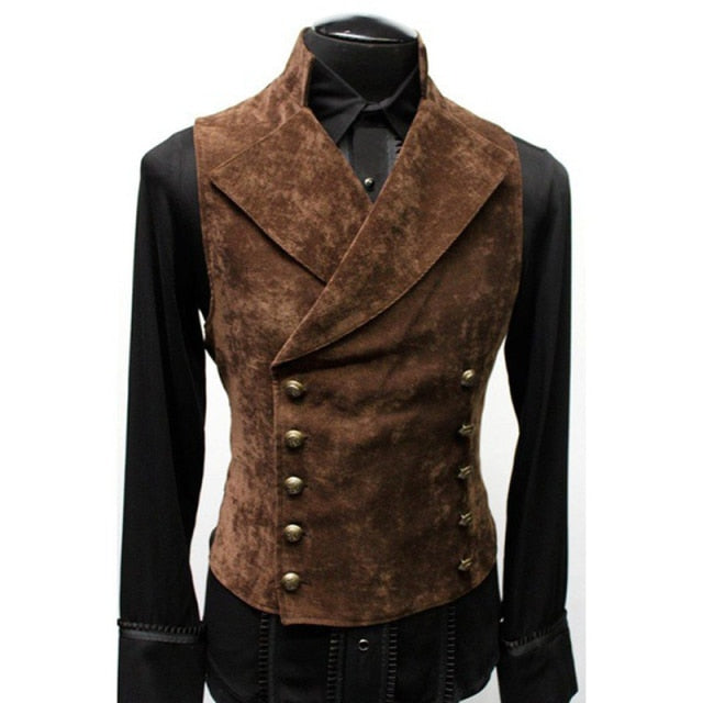 Mens Double Breasted Gothic Steampunk Velvet Vest Stand Collar Medieval Victorian Black Waistcoat Men Stage Cosplay Prom Costume