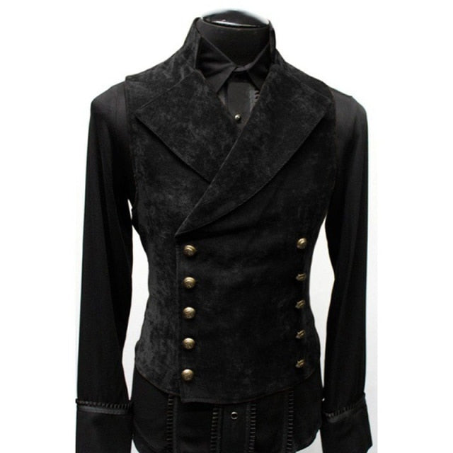 Mens Double Breasted Gothic Steampunk Velvet Vest Stand Collar Medieval Victorian Black Waistcoat Men Stage Cosplay Prom Costume
