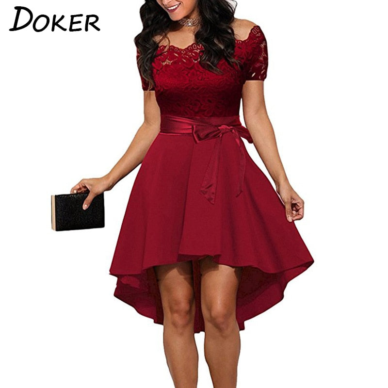 Elegant Red Lace Dress Women  Slash Neck Short Sleeve Sashes Tunic Dress Evening Party Dress-women's wear