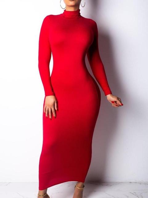 Sexy Bodycon Long Dress Women Long Sleeve Turtleneck Autumn Winter Dress 2019 Red Black White Club Party Midi Dress