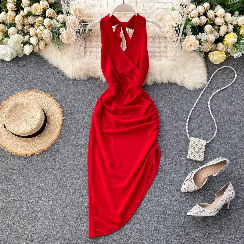Solid Red/Khaki Sexy Irregular Halter Dress Women Summer Elegant V-neck Sleeveless Open Back Club Party Dress New Fashion 2020