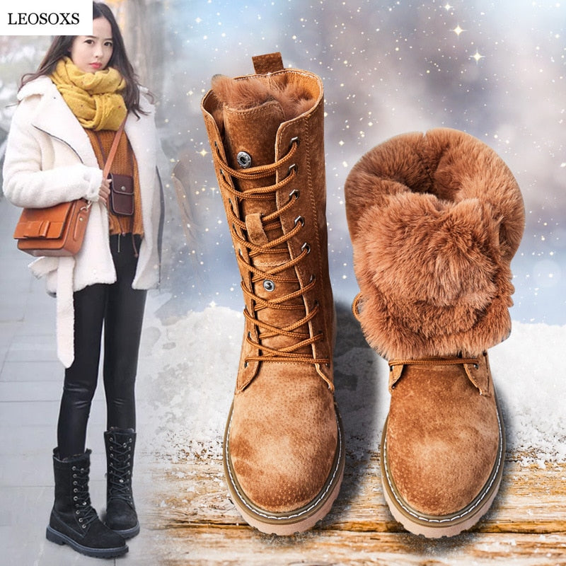 LEOSOXS Wedge Shoes Genuine Leather Snow Boots Woman Winter Boots Winter Warm Women's Shoes Mid-Calf Ladies Platform Booties 41