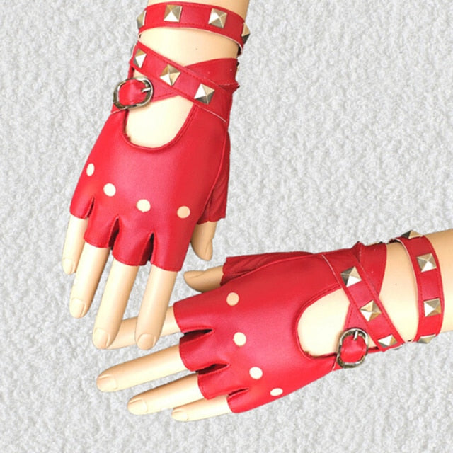 Unisex Fingerless Driving PU Leather Gloves Motor Cool Rivet Sexy Disco Dancing Rock and Roll Black Red White Punk Glove