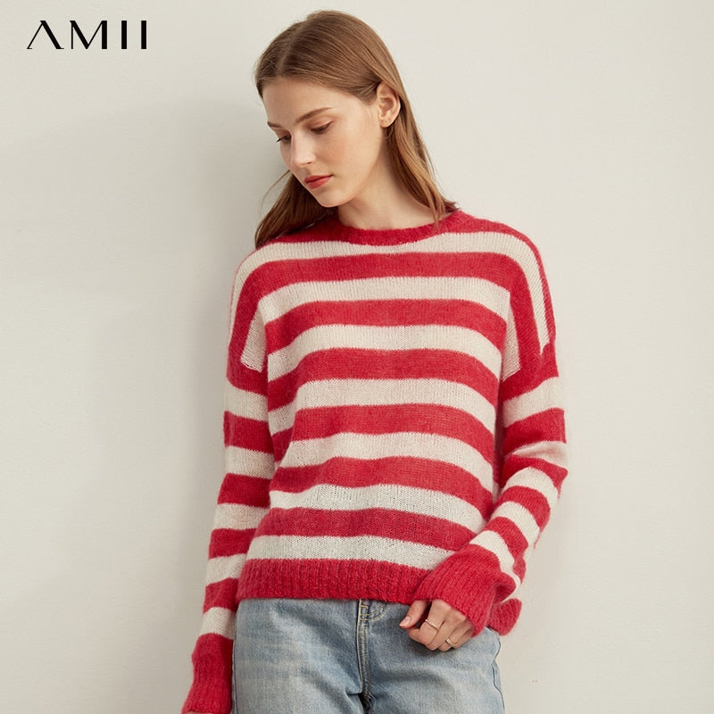 Amii  Autumn Women Striped Knitted Sweater Female Casual Round Neck Long Sleeve Loose Turtleneck Tops 11970663