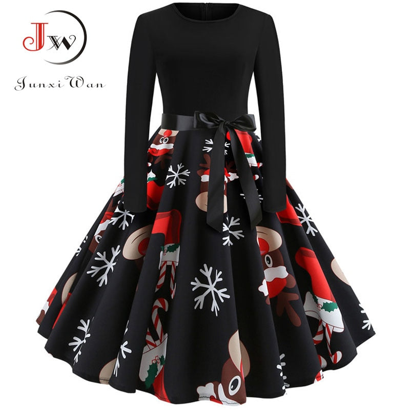 Winter Christmas Dresses Women 50S 60S Vintage Robe Swing Pinup Elegant Party Dress Long Sleeve Casual Plus Size Print Black