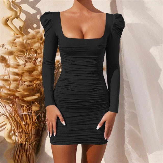 Nadafair Square Neck Puff Sleeve Sexy Dress For Women 2020 Solid Basic Slim Wrap Ruched Mini Club Party Bodycon Women's Dress
