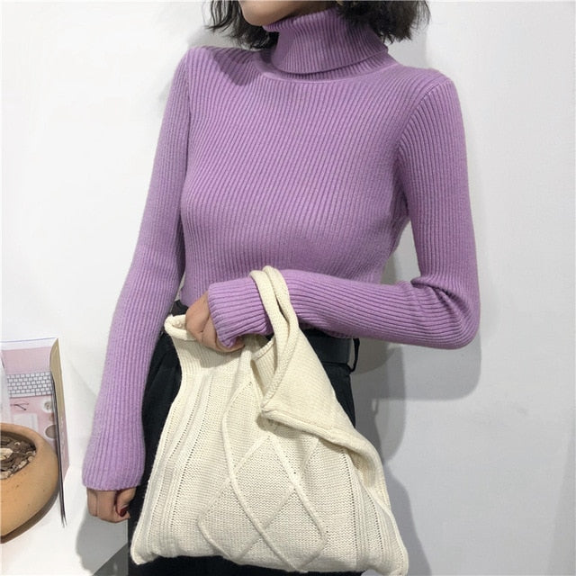 2021 Autumn Winter Thick Sweater Women Knitted Ribbed Pullover Sweater Long Sleeve Turtleneck Slim Jumper Soft Warm Pull Femme