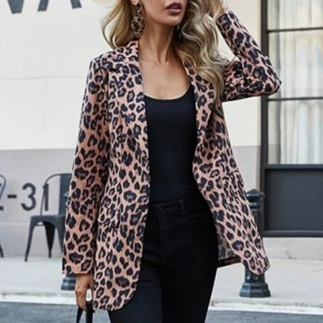 Fashion Trend Women Lapel Leopard Print Long Sleeves Suit Jacket Elegant Fall Winter Office Lady Cardigan Coat Casual Streetwear-women's