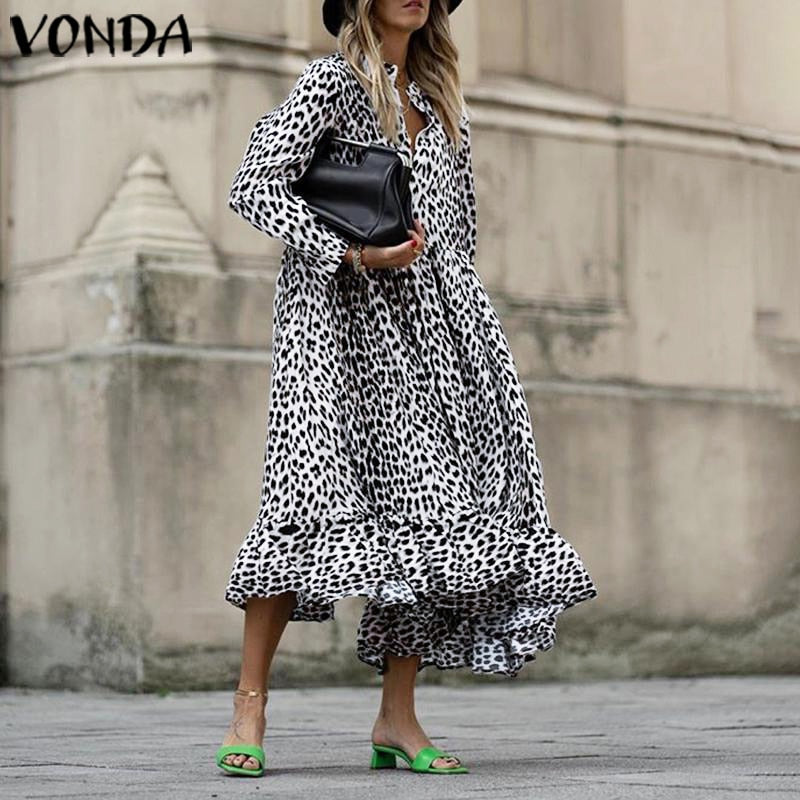 VONDA Elegant Women Leopard Dress Vintage Long Sleeve Swing Party Long Dress 2021 Winter Casual Vestidos  Sundress