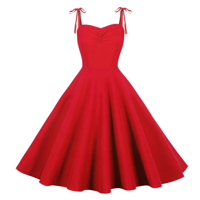 Spaghetti Strap Vintage Pinup Dress 50s 60s Women Solid Color -Women's Wear