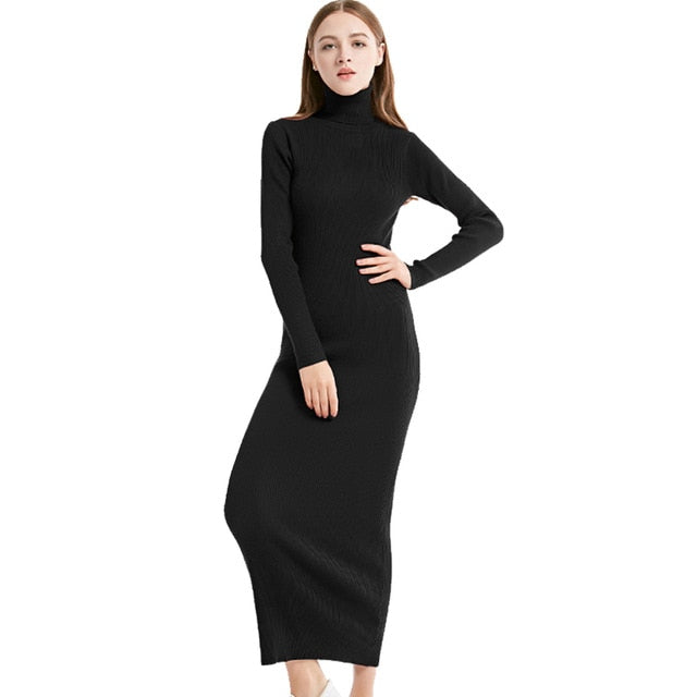 New Fashion Women Party Dress Knit style Long Sleeve Turtleneck Winter Maxi Dress -Women's wear