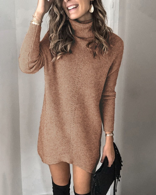 Fashion Turtleneck Long Sleeve Sweater Dress Women 2020 Autumn Winter Loose Tunic Knitted Casual Pink Gray Clothes Solid Dresses