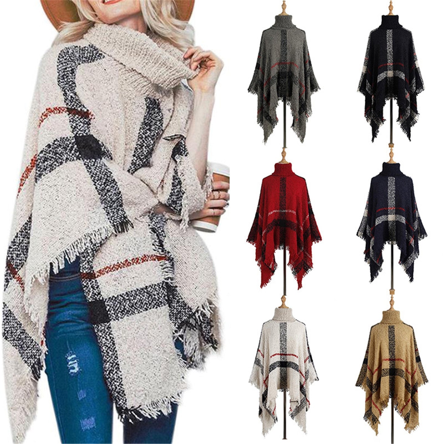2021 New Sweater Women European And American Mid-length High Neck Tassel Cloak Shawl Loose Large Size Sweater