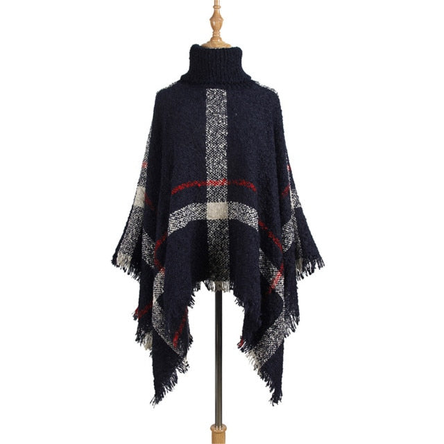2021 New Sweater Women European And American Mid-length High Neck Tassel Cloak Shawl Loose Large Size Sweater