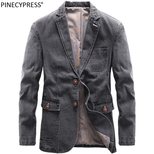 Cotton Men Denim Suit Jacket Single Breasted Pockets Grey Casual  Cowboy Blazer-men's