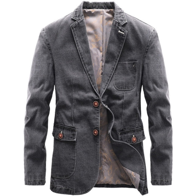 Cotton Men Denim Suit Jacket Single Breasted Pockets Grey Casual  Cowboy Blazer-men's