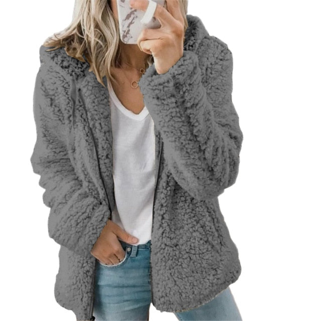 Woman Europe New Fashion Long Sleeeve Outfit Hooded Fleece Wool Coa Warmer- Women's wear