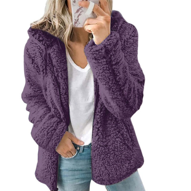 Woman Europe New Fashion Long Sleeeve Outfit Hooded Fleece Wool Coa Warmer- Women's wear