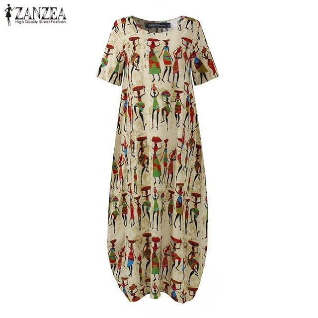 ZANZEA Summer Maxi Dress Women's Printed Sundress Casual Short Sleeve  High Waist Robe-women's wear
