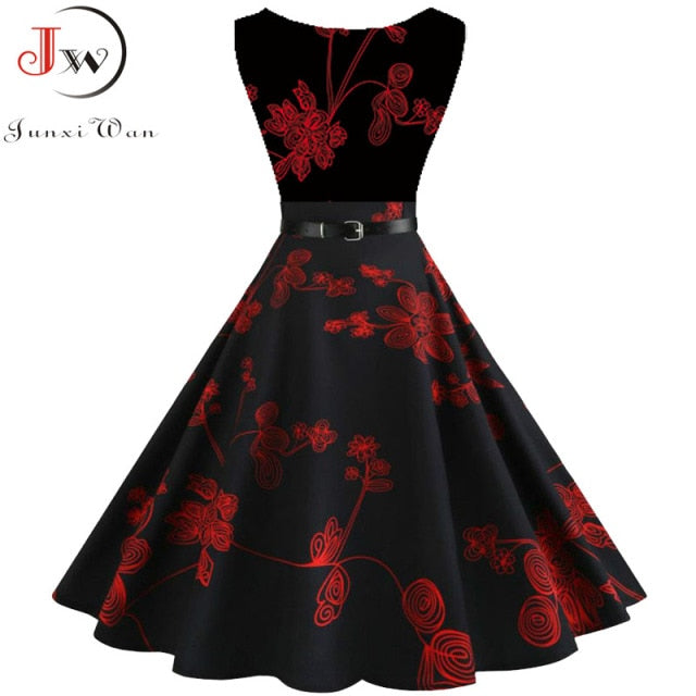 Summer Womens Dresses 2021 Casual Floral Retro Vintage 50s 60s Robe Rockabilly Swing Pinup Vestidos Valentines Day Party Dress
