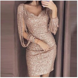 Europe And The United States New Women's Hot Sale V-neck Sexy Party Fringe Bag Hip Dress-Women's wear