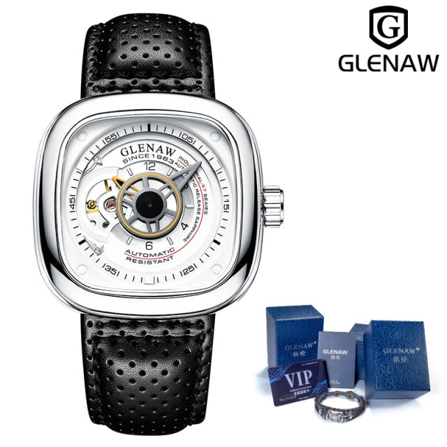 Glenaw Design Brand 2021 Men Hollow Automatic Black Mechanical Watch GMT  Top Brand Reloj Hombre Watches Waterproof