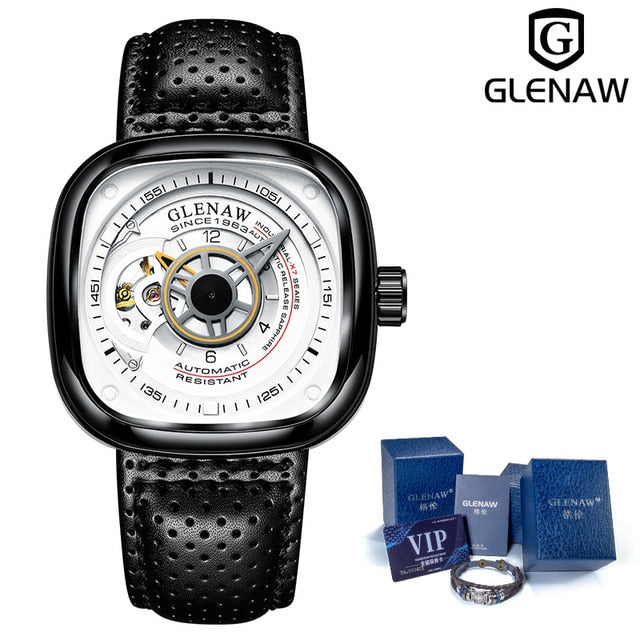 Glenaw Design Brand 2021 Men Hollow Automatic Black Mechanical Watch GMT  Top Brand Reloj Hombre Watches Waterproof