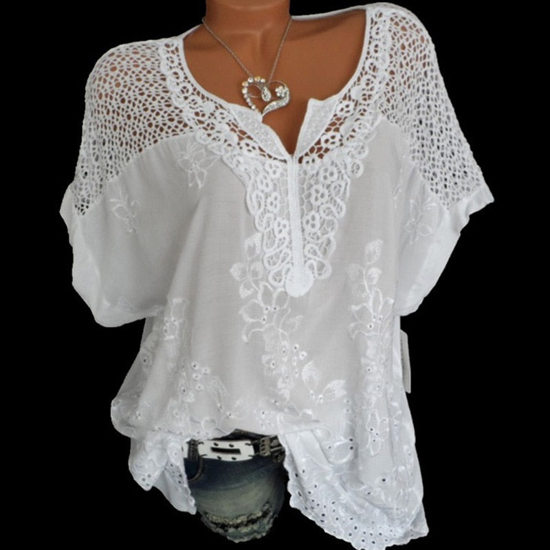 Short Sleeve Womens Blouses And Tops Loose White Lace Patchwork Shirt, Women Tops Casual Clothes-women's wear