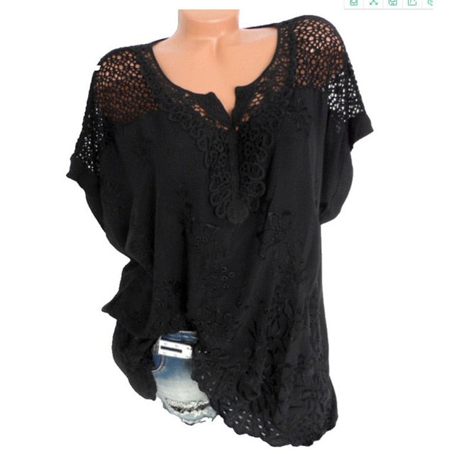 Short Sleeve Womens Blouses And Tops Loose White Lace Patchwork Shirt, Women Tops Casual Clothes-women's wear