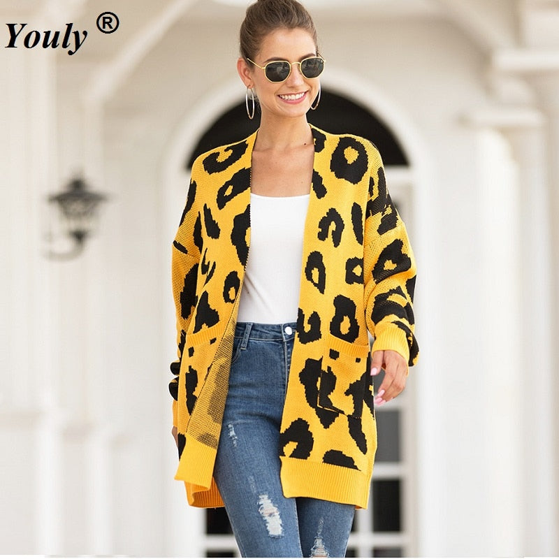 Autumn And Winter Sweater Women's European And American-Style Mid-length Dual Pocket Leopard Pattern Cardigan-women's wear