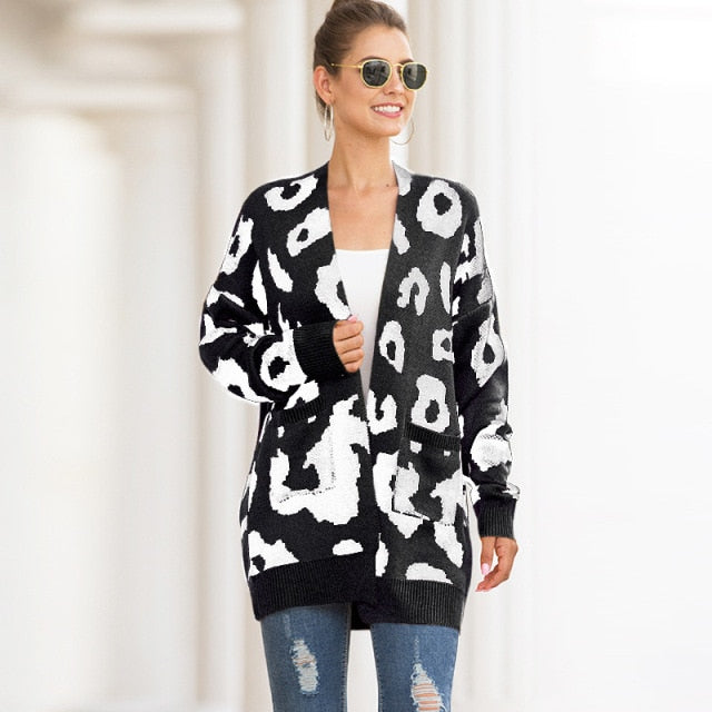 Autumn And Winter Sweater Women's European And American-Style Mid-length Dual Pocket Leopard Pattern Cardigan-women's wear