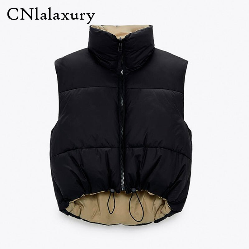 2021 Spring Black Cropped Vest Coat Women Fashion Warm Sleeveless Parkas High Collar Waistcoat Female Casual Outerwear Chic Top