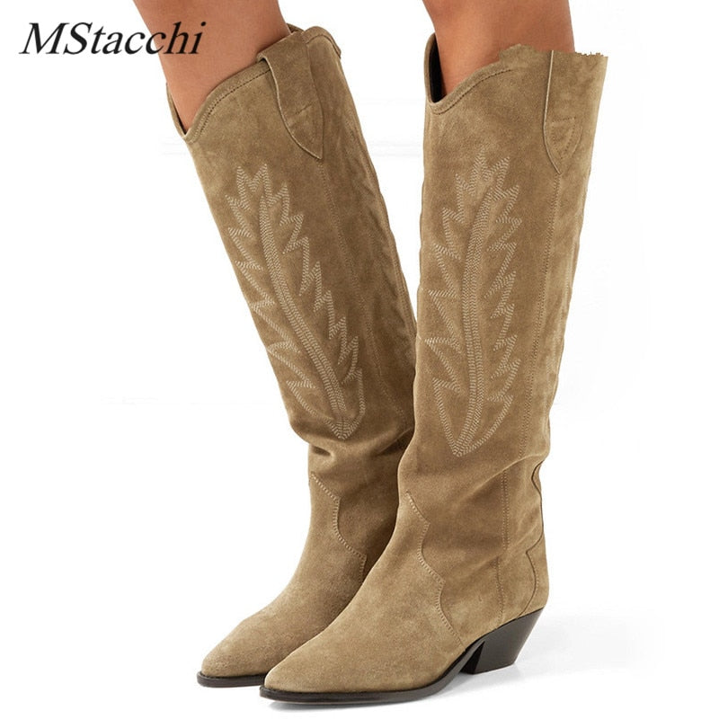 MStacchi Women's High Boots Nude Black Suede Embroidered Knee High Boots -women's