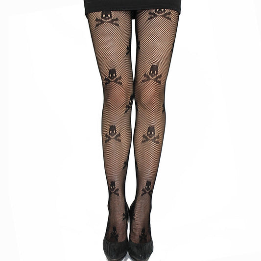 1 Pcs Sexy Stay Up Thigh High Tights Fishnet Mesh Skull Print Punk Stretch Pantyhose For Women Accessories