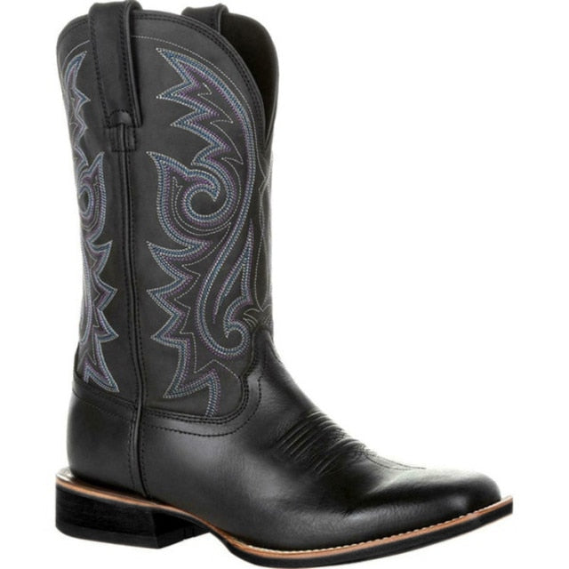 IMOSOIKO Tall Embroidered Retro Sleeve Men's and Women's Wide-Headed Western Cowboy Boots -unisex