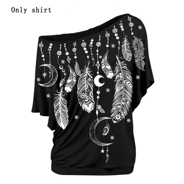 Women Shirts Blouses Summer 2021 Feather Print One Shoulder Top Casual Ladies Sexy Tops Skew Neck Shirts Blouse