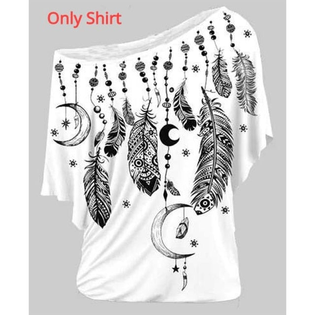 Women Shirts Blouses Summer 2021 Feather Print One Shoulder Top Casual Ladies Sexy Tops Skew Neck Shirts Blouse