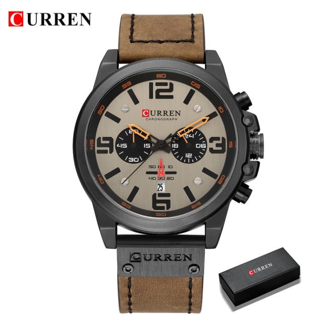 CURREN Mens Watches Top Luxury Brand Waterproof Sport Wrist Watch Chronograph Quartz Military Genuine Leather Relogio Masculino